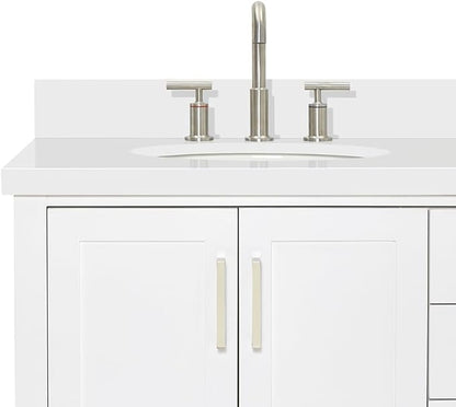 ARIEL Magnolia 72-inch Bathroom Vanity with Sink,Solid Wood, 1.5-inch Pure White Quartz Countertop & Backsplash, Double Rectangular Porcelain Sink, 4 Soft Closing Doors, 3 Dovetail Drawers, White