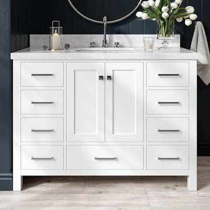 ARIEL Cambridge 48-inch Bathroom Vanity with Sink,Solid Wood, 1.5-inch Italian Carrara Marble Countertop, Single Rectangular Porcelain Sink, 2 Soft Closing Doors, 9 Dovetail Drawers, White