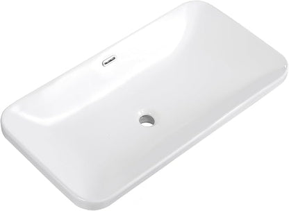 Vessel Sink 32"x17" Semi Recessed Bathroom Sink Drop-in White Bathroom Sink Porcelain Ceramic Modern Rectangular Sinks Drop-in Vanity Sinks with Overflow for Bathrooms