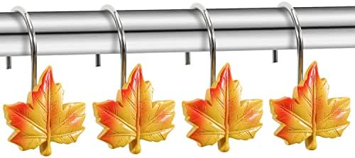 Maple Leaf Shower Curtain Hooks, 12Pcs Thanksgiving Decorative Shower Curtain Hooks, CHICTIE Autumn Fall Leaves Shower Curtain Rings Rustproof for Bathroom Bedroom Room Decor (Deciduous Yellow)