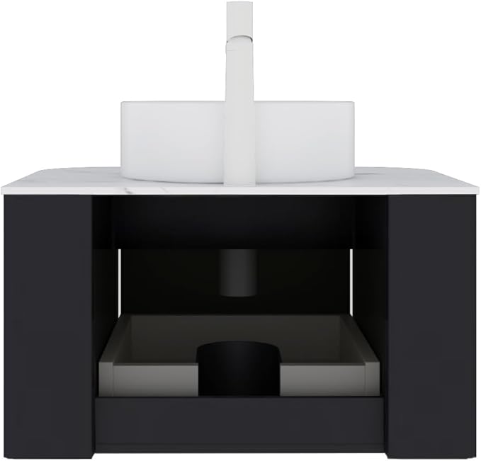 24'' Floating Vanity with Sink Combo, Modern Wall-Mounted Curved Edges Striped Bathroom Storage Cabinet with Soft-Close Drawer and White Artificial Marble Basin, Black