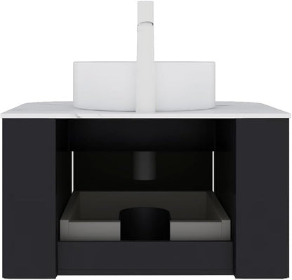 24'' Floating Vanity with Sink Combo, Modern Wall-Mounted Curved Edges Striped Bathroom Storage Cabinet with Soft-Close Drawer and White Artificial Marble Basin, Black