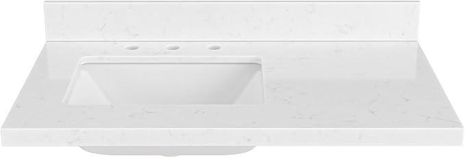 ARIEL 36 inch Bathroom Vanity top with Sink, 1.5 Inch Thick Miter Edge Carrara White Quartz top, Left Offset Vanity top with Rectangle Porcelain Sink, Includes Backsplash