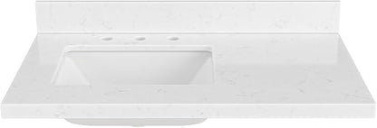 ARIEL 36 inch Bathroom Vanity top with Sink, 1.5 Inch Thick Miter Edge Carrara White Quartz top, Left Offset Vanity top with Rectangle Porcelain Sink, Includes Backsplash