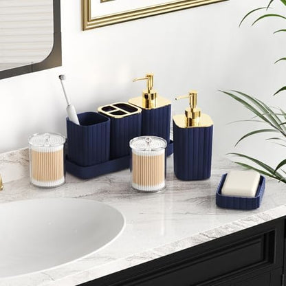 XLHOMO Bathroom Accessories Set - Gorgeous Bathroom Set, 10PC Navy Blue Bathroom Accessory Set, Toilet Brush, Trash Can, Qtip Holder & Soap Dispenser