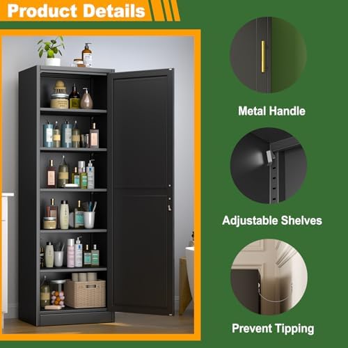 Ckzbx Metal Locker Tall Narrow Storage Cabinet, 67" H Locking Tool File Cabinets Snack Locker Organizer for School Classroom,Bedroom,Gym Home Office,Entryway and Hallway (20" W 1Door Black)