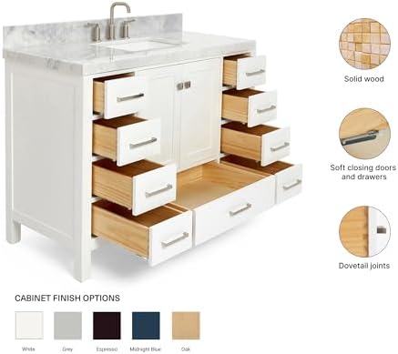 ARIEL Cambridge 48-inch Bathroom Vanity with Sink,Solid Wood, 2-inch Italian Carrara Marble Countertop, Single Rectangular Porcelain Sink, 2 Soft Closing Doors, 9 Dovetail Drawers, White