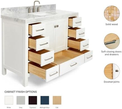 ARIEL Cambridge 48-inch Bathroom Vanity with Sink,Solid Wood, 2-inch Italian Carrara Marble Countertop, Single Rectangular Porcelain Sink, 2 Soft Closing Doors, 9 Dovetail Drawers, White