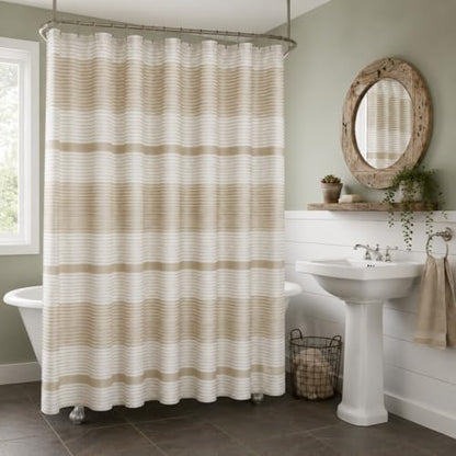 Serafina Home Tan Beige White Striped Cotton Bathroom Shower Curtain