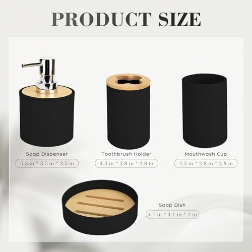 4PCS Black Bathroom Set, Soap Dispenser, Dish & Bamboo Holder, Rustic