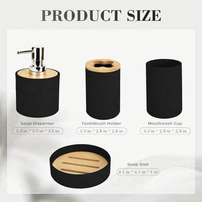 4PCS Black Bathroom Set, Soap Dispenser, Dish & Bamboo Holder, Rustic