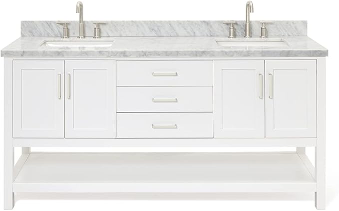 ARIEL Magnolia 72-inch Bathroom Vanity with Sink,Solid Wood, 1.5-inch Italian Carrara Marble Countertop, Double Rectangular Porcelain Sink, 4 Soft Closing Doors, 3 Dovetail Drawers, White