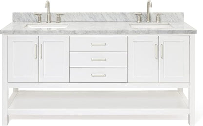 ARIEL Magnolia 72-inch Bathroom Vanity with Sink,Solid Wood, 1.5-inch Italian Carrara Marble Countertop, Double Rectangular Porcelain Sink, 4 Soft Closing Doors, 3 Dovetail Drawers, White