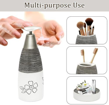 CERBIOR Bathroom Accessories Set,4 PCS Ceramic Bath Accessory,White Flower