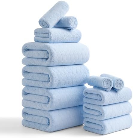 Hailea Luxury Bath Towels Set - 12 Piece (4 Large Bath Towels,4 Hand Towels,4 Washcloths), 100% Microfiber,Extra Absorbent Super Soft & Quick Dry,Complete Family Pack for Bathroom Gym Pool,Blue