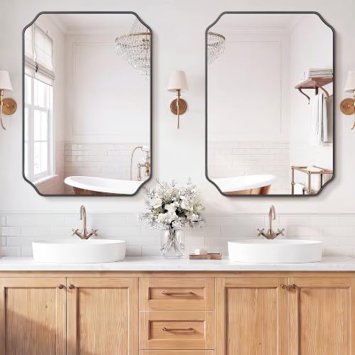Vanity Bathroom Mirror, 28" x 40" Black Scalloped Mirror for Wall