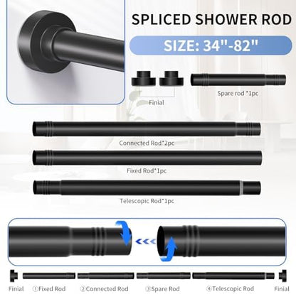 Black Shower Curtain Rod 34-82 Inch(2.8-6.8ft) Adjustable Shower Rod