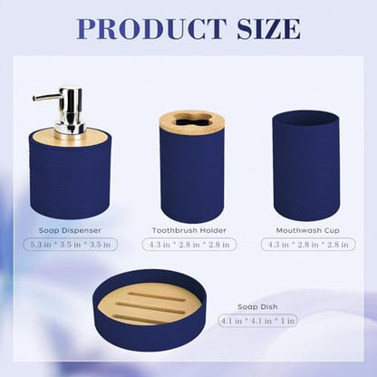 4Pcs Navy Blue Bathroom Set, Soap Dispenser, Dish & Bamboo Holder, Rustic