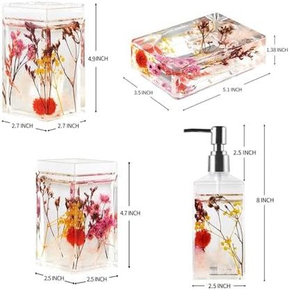 Locco Decor 4 Piece Acrylic Liquid 4D Floating Motion Bathroom Vanity Accessory Set Garden Botanic Pink Plants Toothbrush Holder, Tumbler, Soap Dispenser, Soap Dish