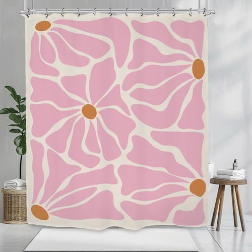 Matisse Flower Shower Curtain 60Wx72L Inch Abstract Retro Aesthetic Minimalist Vintage Art 70s Modern Pink Bathroom Set Accessories Decor with 12 Pack Hooks