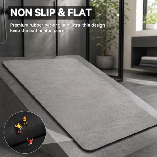 MontVoo -Bath Mat Rug-Rubber Backing Non Slip Quick Dry Absorbent Thin Bathroom Rugs Fit Under Door-Faux Suede Surface Bathroom Floor Mats-Shower Rug for in Front of Bathtub Shower Gray 17"x27.5"