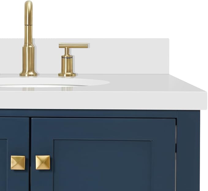 ARIEL Cambridge 42-inch Bathroom Vanity with Sink,Solid Wood, 1.5-inch Pure White Quartz Countertop & Backsplash, Single Oval Porcelain Sink, 2 Soft Closing Doors, 5 Dovetail Drawers, Midnight Blue