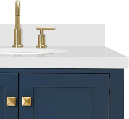 ARIEL Cambridge 42-inch Bathroom Vanity with Sink,Solid Wood, 1.5-inch Pure White Quartz Countertop & Backsplash, Single Oval Porcelain Sink, 2 Soft Closing Doors, 5 Dovetail Drawers, Midnight Blue