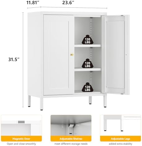 YAUWOH Metal Bathroom Storage Cabinet,Bathroom Floor Storage Cabinet with 2 Adjustable Shelves and 2 Doors,Freestanding Sideboard for Small Spaces, Living Room, Home Office, Dining Room,White