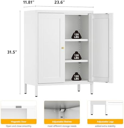 YAUWOH Metal Bathroom Storage Cabinet,Bathroom Floor Storage Cabinet with 2 Adjustable Shelves and 2 Doors,Freestanding Sideboard for Small Spaces, Living Room, Home Office, Dining Room,White
