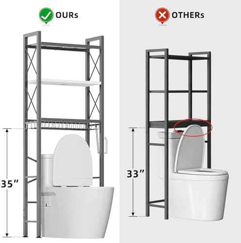 Kalrin Over The Toilet Storage with X Shape Side Guardrail, 3-Tier Over Toilet Storage Rack with Drain Basket, Freestanding Bathroom Organizer for Balcony Laundry, Grey-White