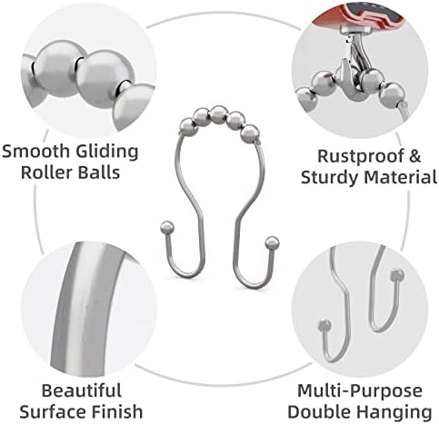 Bathway Shower Curtain Hooks Chrome Shower Curtain Rings Rust Proof, Smooth Glide Double Shower Curtain Hooks, 12Pcs Shower Curtain Hangers, Shower Hooks for Shower Curtain Bathroom Shower Rod Hooks