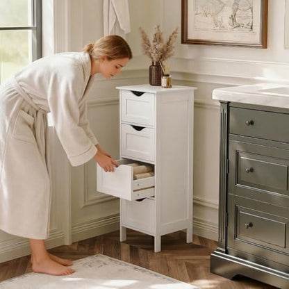 VINGLI White Bathroom Storage Cabinet with 4 Drawers Wooden Freestanding Slim Bathroom Floor Cabinet Small Side Organizer Storage Unit for Restroom Livng Room Kitchen Office Hallway Entryway