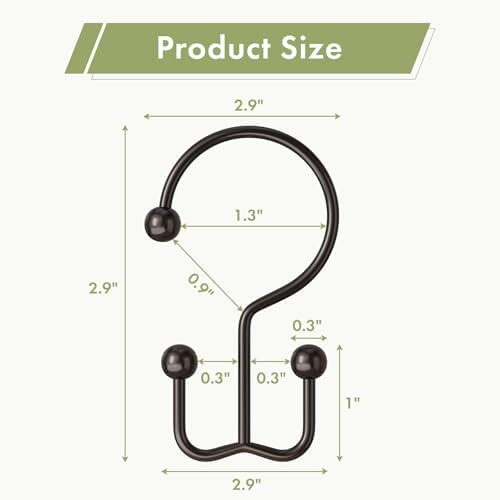 Amazer Bronze Shower Curtain Hooks, 12PCS Minimalist Simple Double Shower Curtain Rings, Rust-Resistant Metal Shower Hooks Shower Curtain Hangers, Shower Rings for Bathroom Shower Rods Curtains