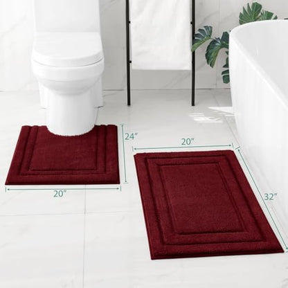 HOMEIDEAS Bathroom Rugs Sets 2 Piece, Super Soft and Absorbent Non Slip Microfiber U-Shaped Toilet Bath Mat Set (20"x32"+U20 x24, Burgundy Red)