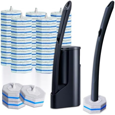 Disposable Toilet Brush with 50 Cleaner Refills Pads，Wall Mounted Toilet Bowl Holder Set，Toilet Cleaning System Starter Kit，Bathroom Cleaning System for Sink Bathtub Wash Basin