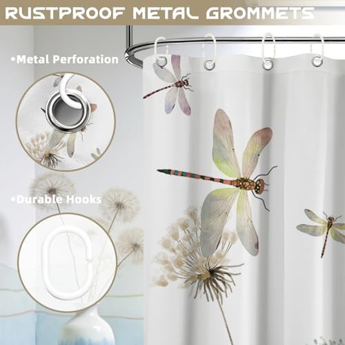 Tan Dandelion Shower Curtain Spring Dragonfly Light Brown and White Watercolor Shower Curtains for Bathroom Decor, Waterproof Cloth Fabric with Hooks 70" Wx72 L