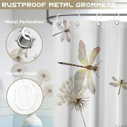 Tan Dandelion Shower Curtain Spring Dragonfly Light Brown and White Watercolor Shower Curtains for Bathroom Decor, Waterproof Cloth Fabric with Hooks 70" Wx72 L