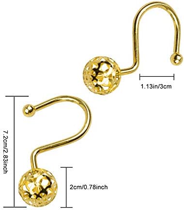 Gracelife 12Pcs Hollow Ball Shower Curtain Hooks Luxury Quality Rustproof Stainless Steel Shower Curtain Rings Hooks for Bathroom Rod (Gold)