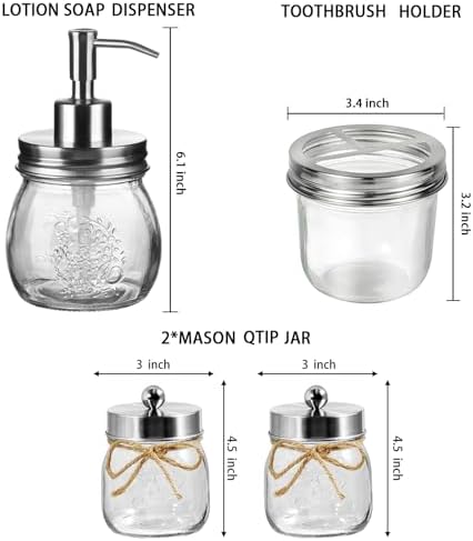 Amolliar Glass Mason Jar Bathroom Accessories Set 4 Pcs (Brushed Nickel)