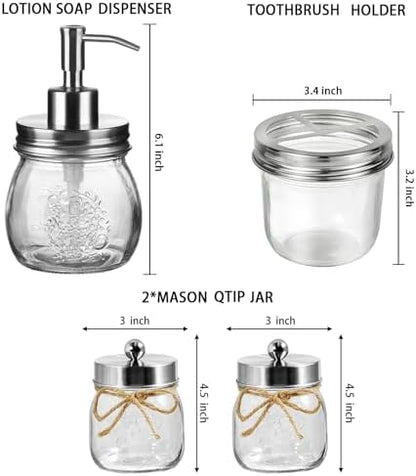 Amolliar Glass Mason Jar Bathroom Accessories Set 4 Pcs (Brushed Nickel)