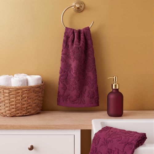 SmoothNovelty 2 Pcs Burgundy Red Floral Jacquard Hand Towels for Bathroom