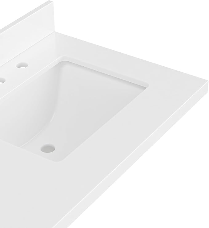 ARIEL 37 inch Bathroom Vanity top with Sink, 1.5 Inch Thick Miter Edge White Quartz top, Right Offset Vanity top with Rectangle Porcelain Sink, Includes Backsplash