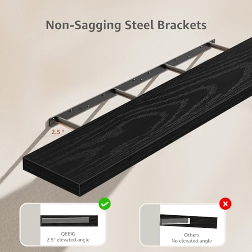 QEEIG Floating Shelves for Wall 55.1" Extra Long - Wall Mounted Shelf Bathroom Kitchen Living Room Bedroom Farmhouse Home Decor Display Bookshelf Large 55.1 x 9.3 inch Set of 2, Black (008-140B)