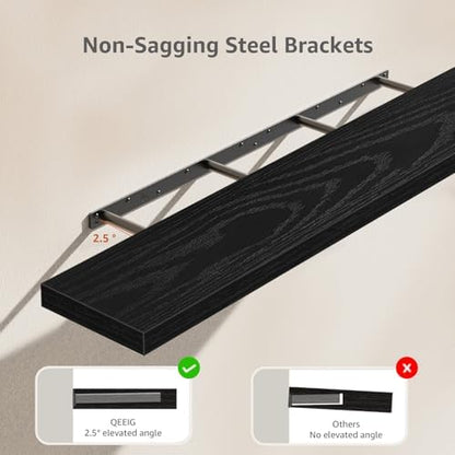 QEEIG Floating Shelves for Wall 55.1" Extra Long - Wall Mounted Shelf Bathroom Kitchen Living Room Bedroom Farmhouse Home Decor Display Bookshelf Large 55.1 x 9.3 inch Set of 2, Black (008-140B)