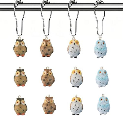 12Pcs Owl Shower Curtain Hooks Decorative for Curtain Rods, Cute Animals Shower Curtain Rings, Silver Stainless Steel Metal Shower Curtain Hanger Hooks, Kids Whimsical Bathroom Decor Accessories