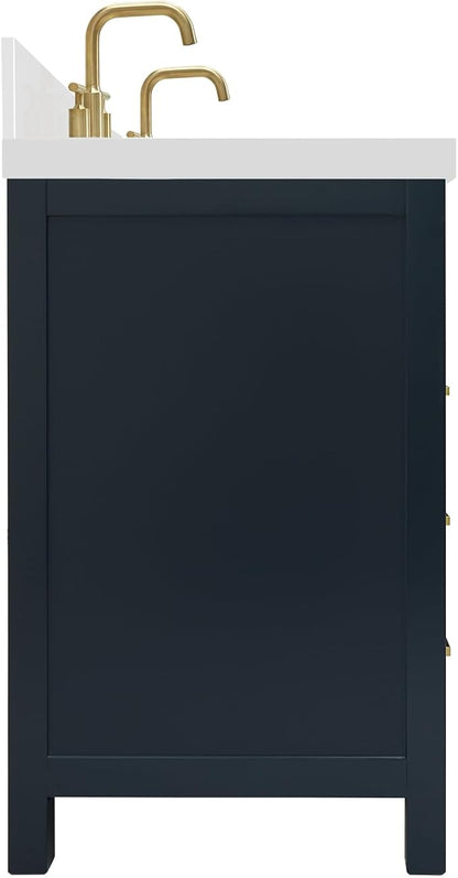 ARIEL Cambridge 66-inch Bathroom Vanity with Sink,Solid Wood, 1.5-inch Pure White Quartz Countertop, Double Rectangular Porcelain Sink, 4 Soft Closing Doors, 6 Dovetail Drawers, Midnight Blue