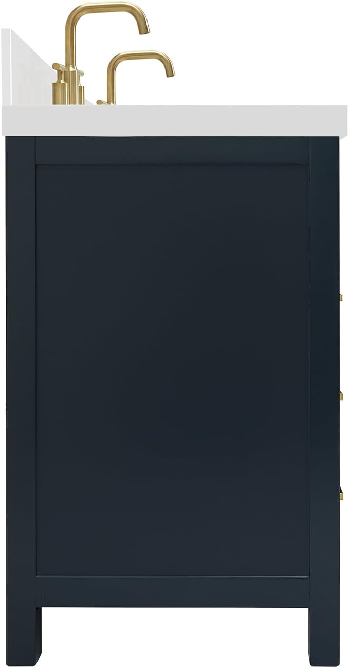 ARIEL Cambridge 66-inch Bathroom Vanity with Sink,Solid Wood, 1.5-inch Pure White Quartz Countertop & Backsplash, Double Oval Porcelain Sink, 4 Soft Closing Doors, 6 Dovetail Drawers, Midnight Blue
