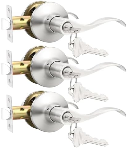 GOBEKOR Entry Door Handles with Lock and Same Keys, Brushed Nickel Keyed Aliked Entry Door Lock Sets for Exterior & Interior Doors, Reversible Door Levers for Bedroom Bathroom, 3 Pack