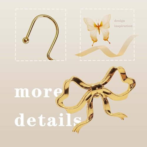Gold Bow Shower Curtain Hooks, 12 Pack Coquette Bathroom Decor, Decorative Metal Rust Proof Shower Curtain Rings for Feminine, Vintage & Luxury Bathroom Aesthetic