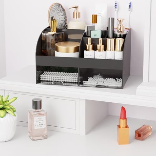 Makeup Organizer with Drawers, Cosmetic Storage for Dresser Vanity and Bathroom Countertop, Beauty Holder for Lipstick Brush, Skincare Organizer for Vanity, Cosmetic Display Case (Black-2Pack)